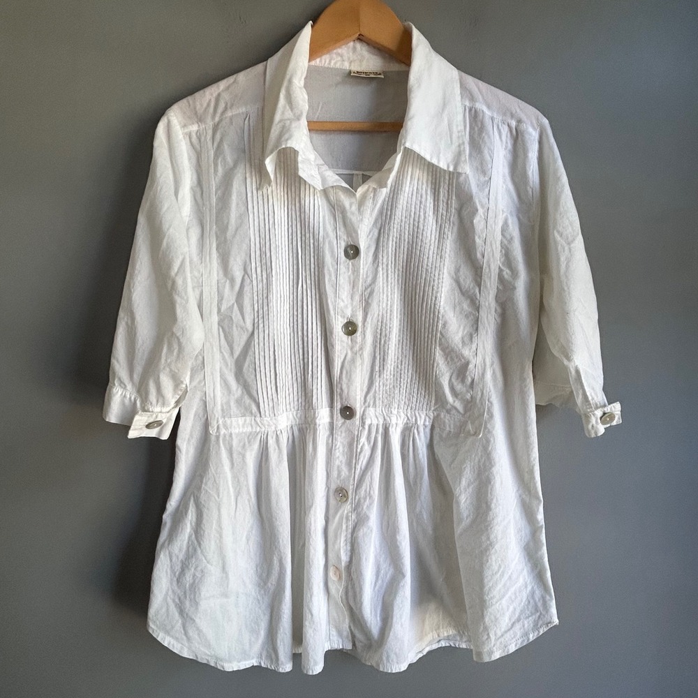 Dispose White 100% Cotton Pintuck Pleated Button Down Peplum Blouse Top